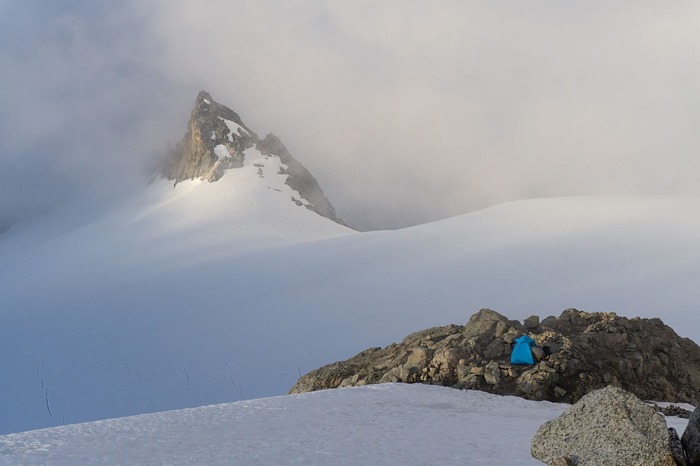 Misty morning at camp. The blue tent belonged to our only neighbors