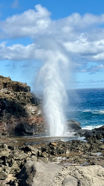 Close-up view of ocean blowhole spraying water