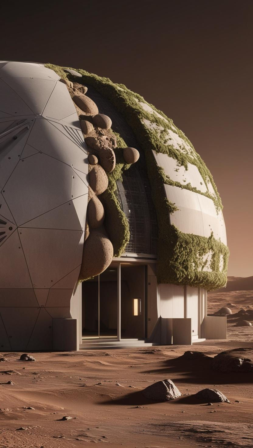 A domes Mars habitat and structure partially grown from biocement and biopolymers, showing