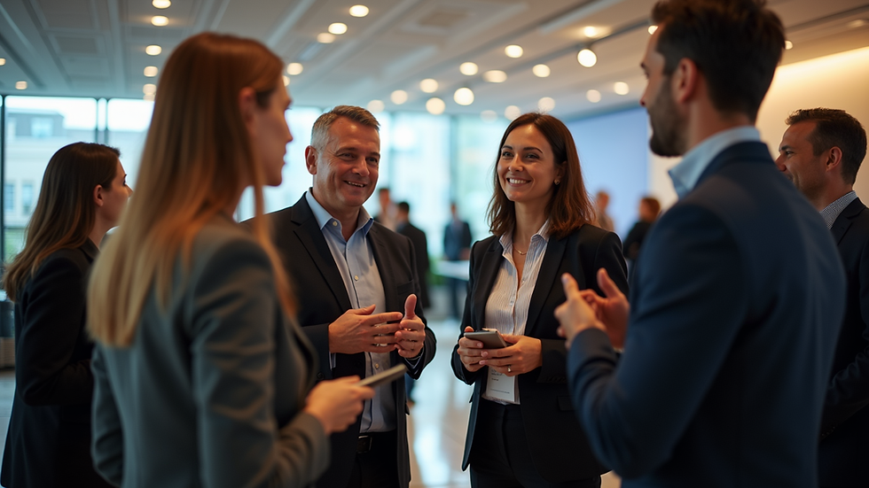 Close-up view of a business networking event with professionals exchanging ideas