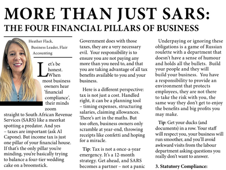 Let’s be honest. When most business owners hear ‘financial compliance’, their minds zoom straight to South African Revenue Services (SARS) like a meerkat spotting a predator. And yes – taxes are important (ask Al Capone). But income tax is just one pillar of your financial house. If that’s the only pillar you’re minding, you’re basically trying to balance a four-tier wedding cake on a broomstick.
