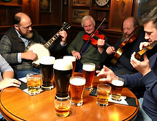 irish traditional music session in a pub with 5 musicians, banjo player, fiddle player, gu