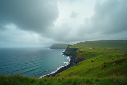 A scenic panoramic view of the Irish coastline with vibrant green hills under a dramatic s
