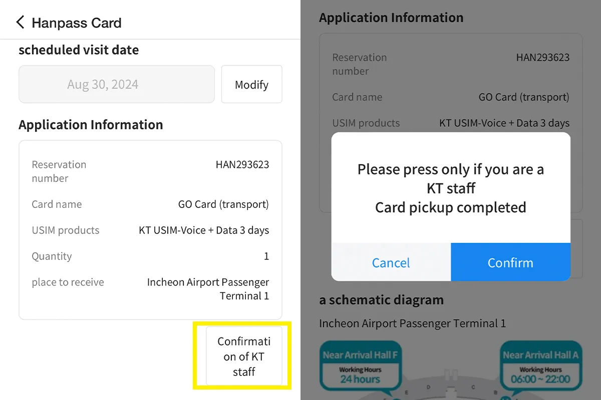 pickup location (KT Roaming Center or CU Convenience Store
