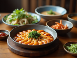 Eye-level view of traditional Korean food set on a wooden table