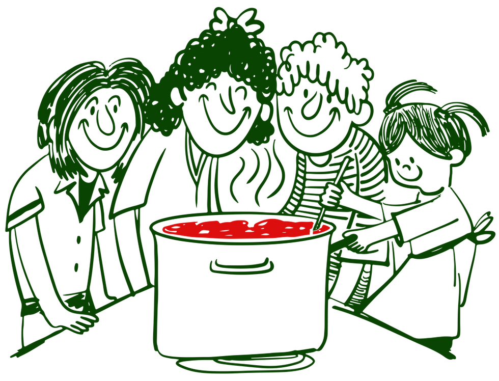 Illustration of rizzo and friends making a pot of red sauce