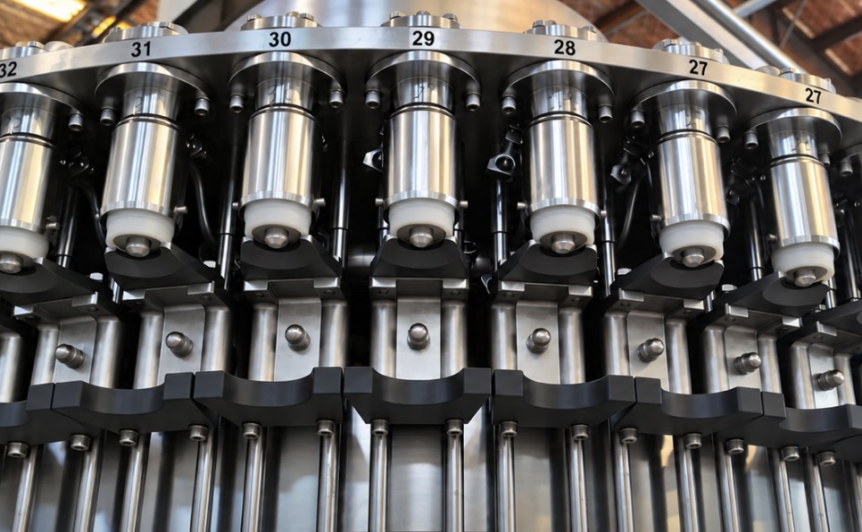 Row of numbered stainless steel filling valves on a rotary filler carousel