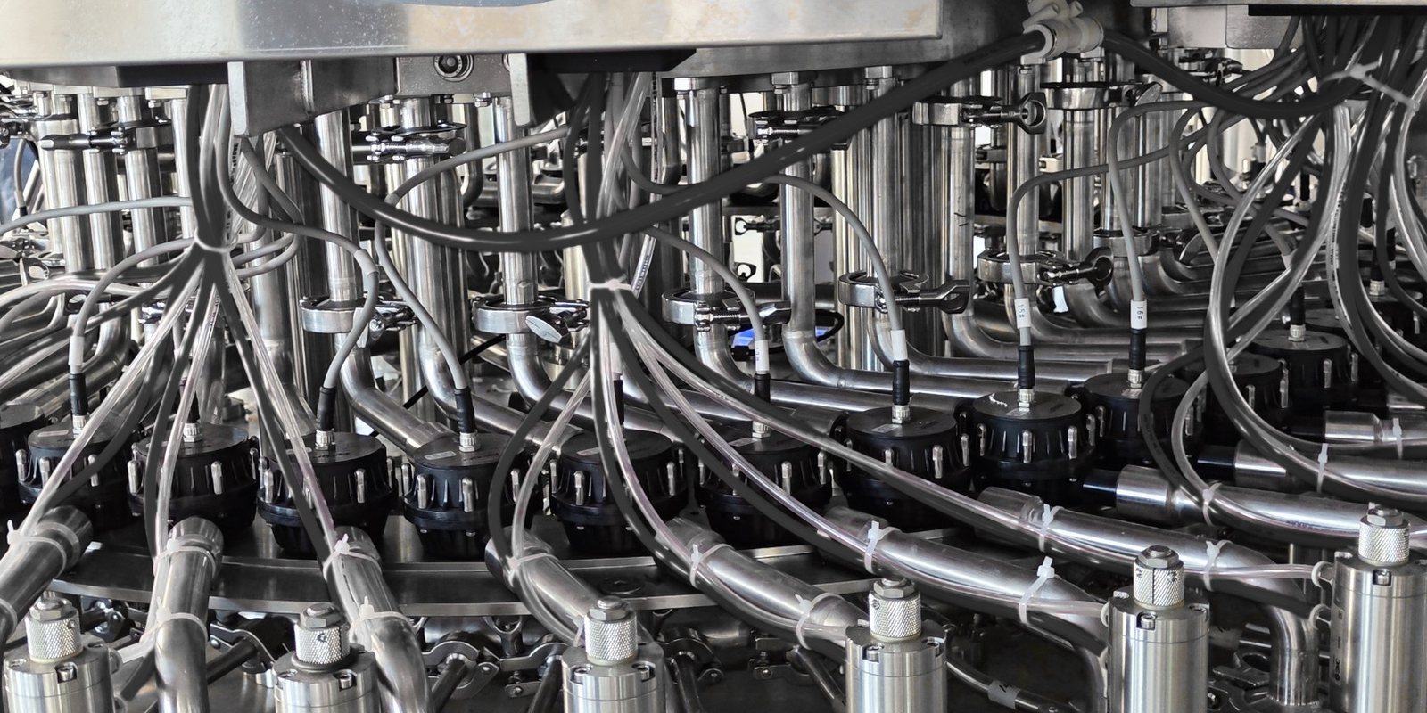 Top of a rotary filler carousel, with stainless product pipework to every valve