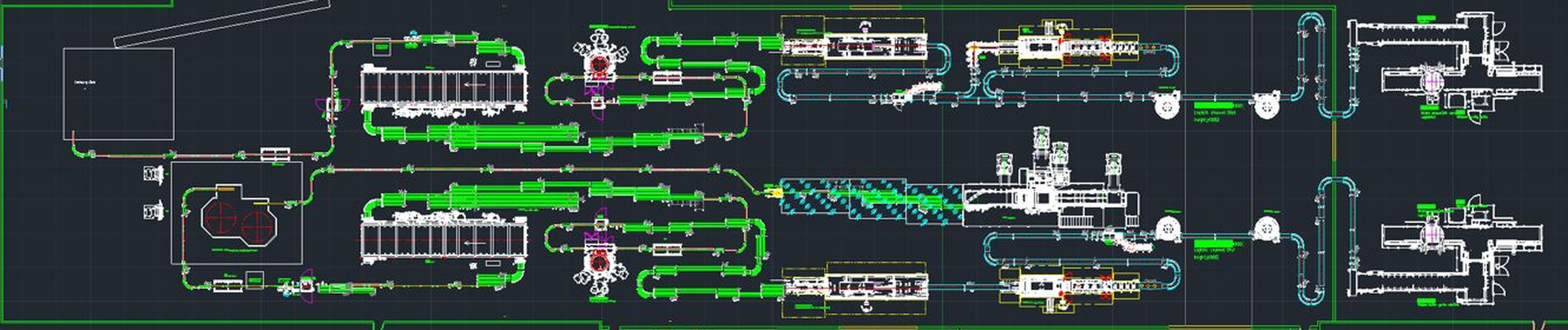 CAD plan of a bottling line with long accumulation conveyor runs between the machines
