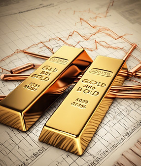gold bar and copper rods on background london stock graphs going high.jpg
