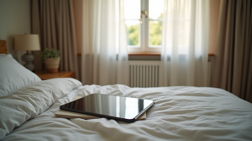 High angle view of a peaceful bedroom with a tablet on the bedside table showing a dream journal app
