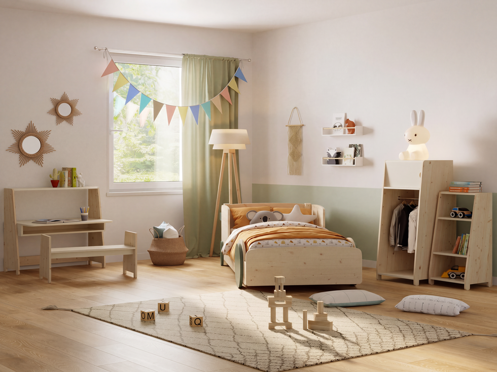 Mobilier enfant ASYMETRY en situation dans une chambre, conçu par Manon Alves pour Mathy by Bols