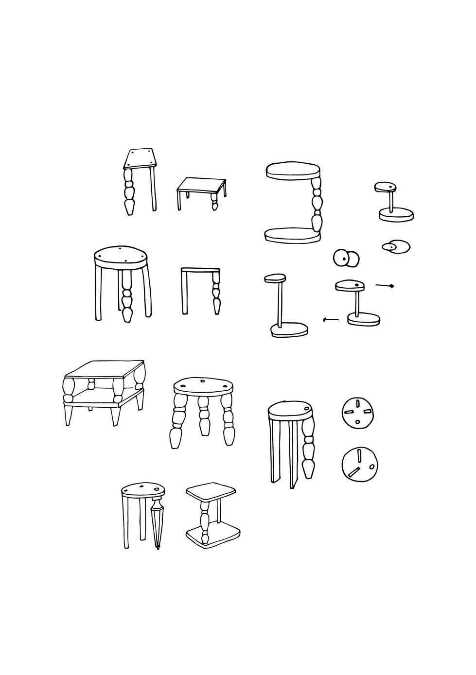 Croquis de conception du Tabouret 003 en matériaux réemployés