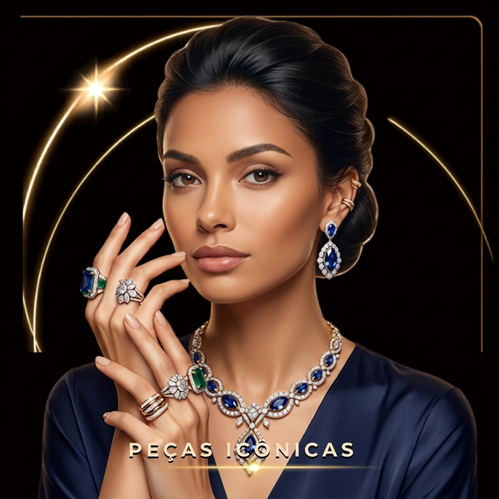 Imagem quadrada em tons de preto e dourado com mulher usando joias de luxo (brincos, colar e anéis) e o texto PEÇAS ICÔNICAS na parte inferior.