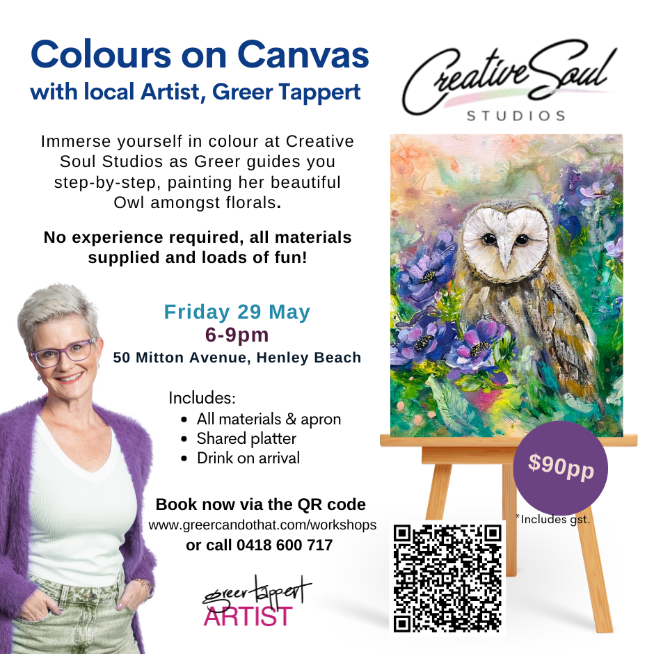 Colours on canvas at Creative Soul Studios with Greer Tappert - Owl