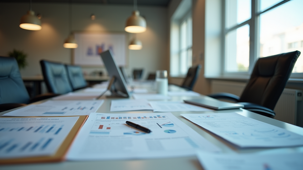Eye-level view of an office workspace filled with documents
