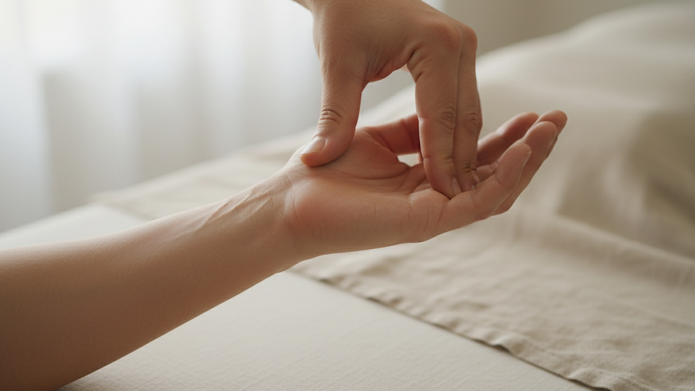Close-up view of wrist joint with chiropractor’s hands applying therapy