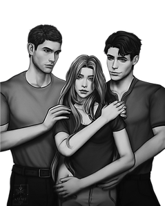 The Weight of Shadows character art of August, Lillian, and Ryder in a love triangle embrace. Character art created for Angela Franklin, who holds the commercial license to the image, by artist Katarina _KatArt07_ on instagram.