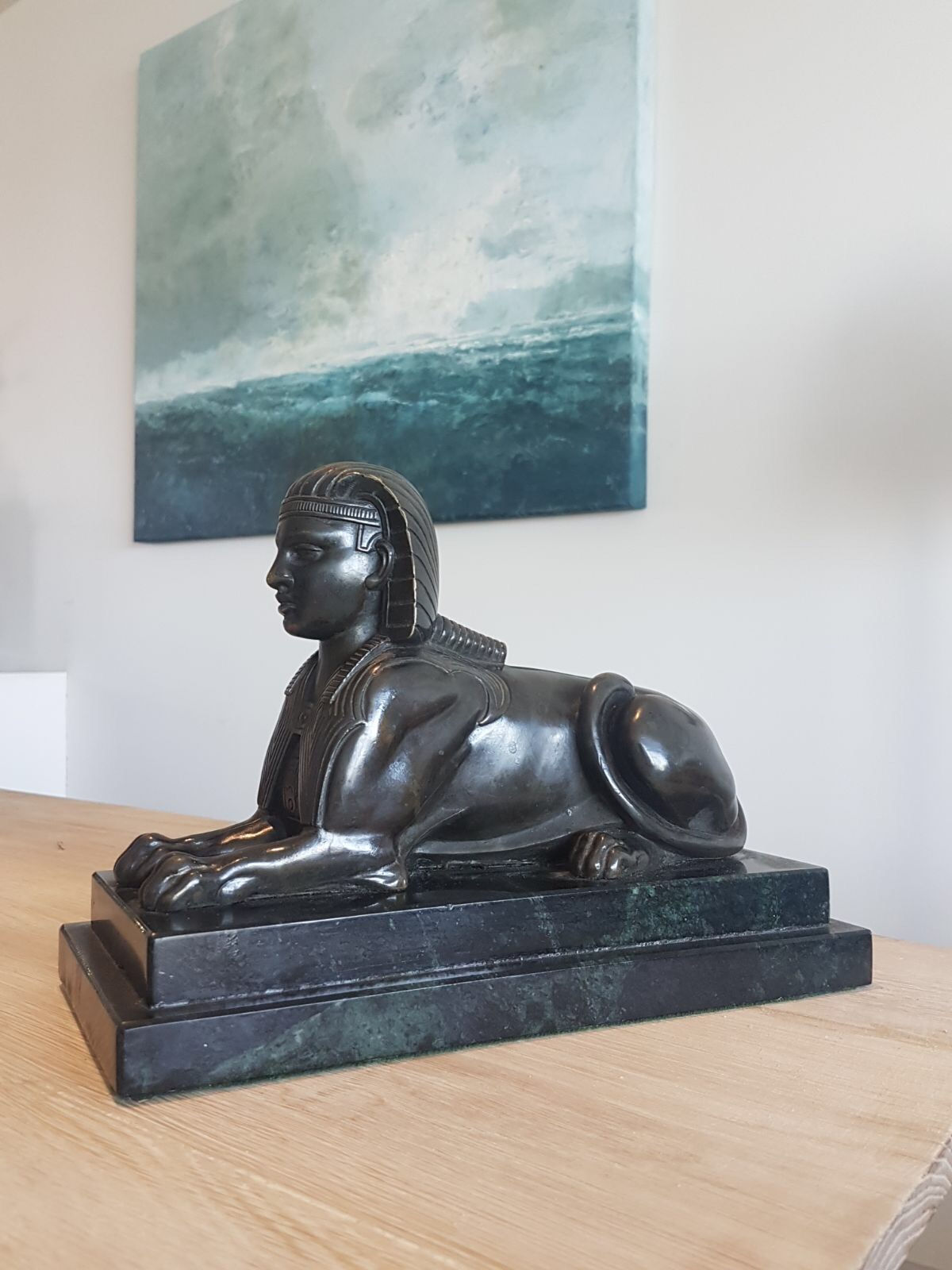 Antique Grand Tour Patinated Bronze Sphinx on stepped Marble base