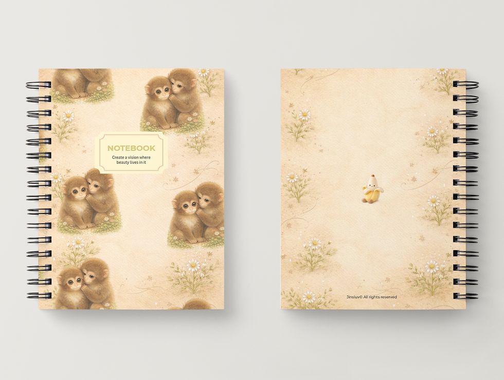 Thumbnail: Macaque Notebook front with hugging monkeys, back with a yellow banana.