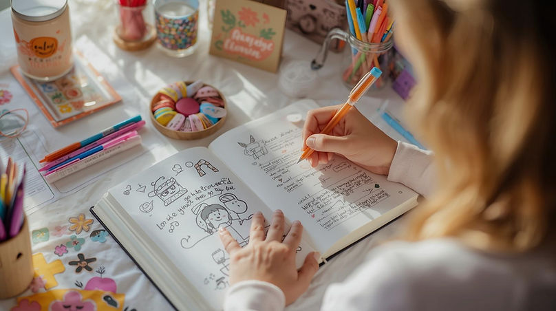 create an image that an employee is designing and creating the content of a cute journal_e