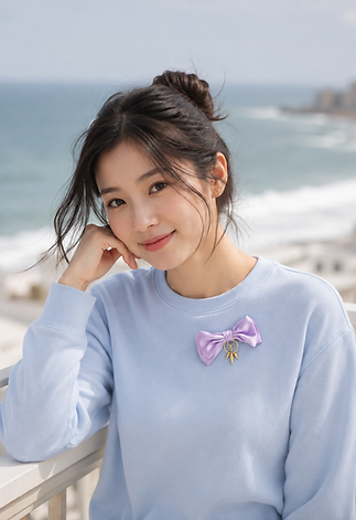 Woman in blue sweatshirt with bow pin.