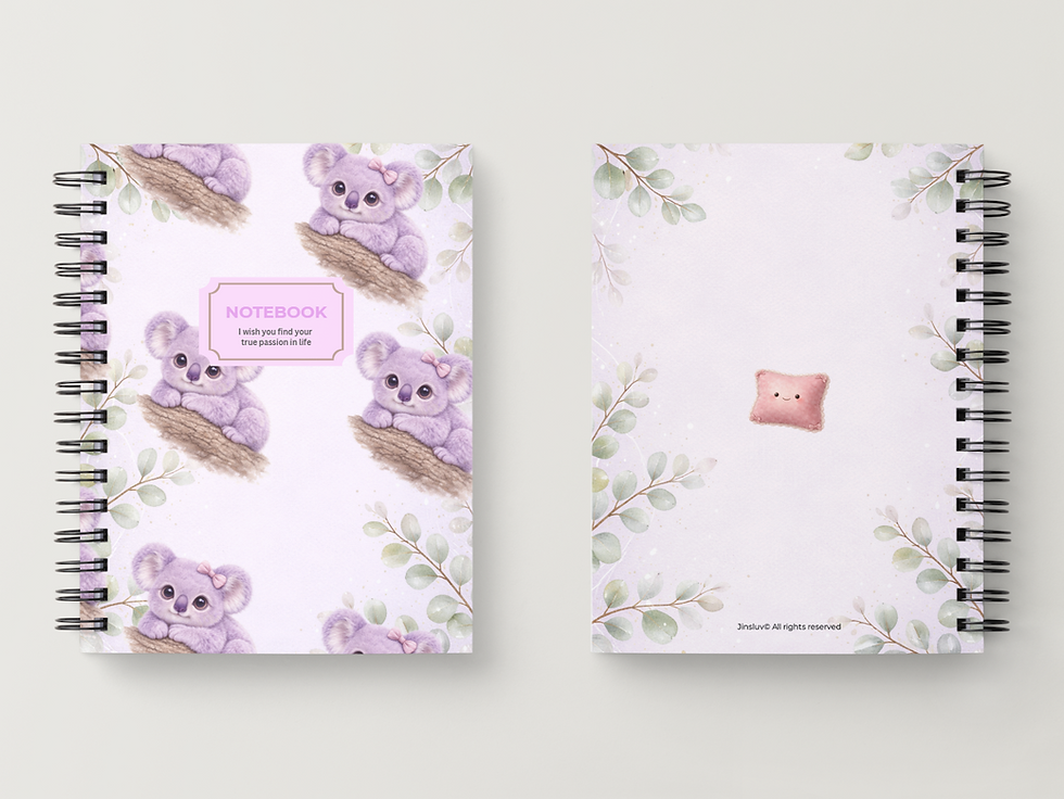 Thumbnail: Fifi Notebook front with purple koalas and 'NOTEBOOK' text, back with pink pillow and leaves.