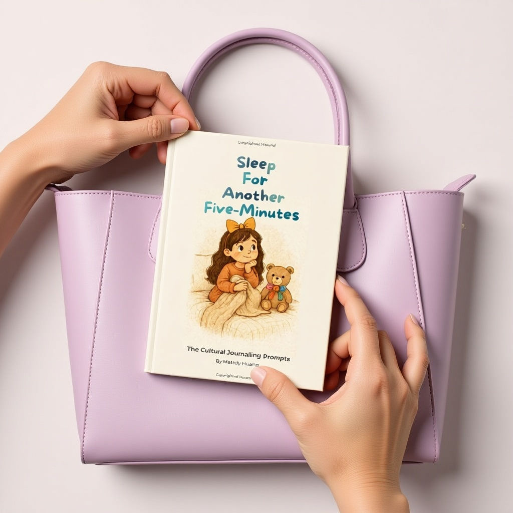 Hands placing 'Sleep For Another Five Minutes' book into a handbag.