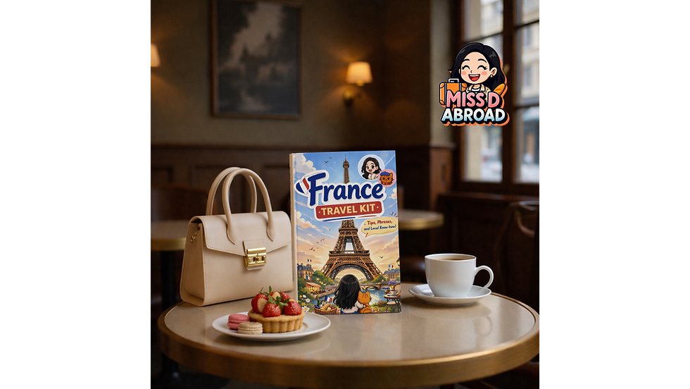 France Travel Kit, handbag, coffee, and pastries on cafe table.