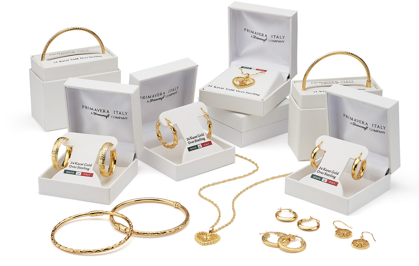 24kt gold over sterling silver, 24kt gold over sterling silver jewelry, gold jewelry, primavera italy, primavera italy jewelry, primavera italy boxed jewelry, boxed goods, bangles, earrings, bracelet, pendant, necklace, earrings, made in italy