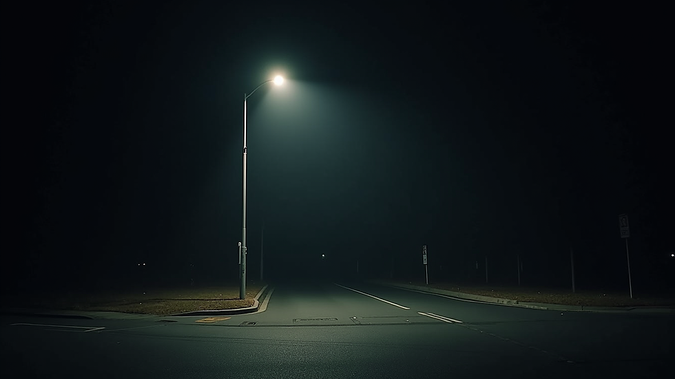 Eye-level view of a dimly lit urban street corner with a single streetlamp