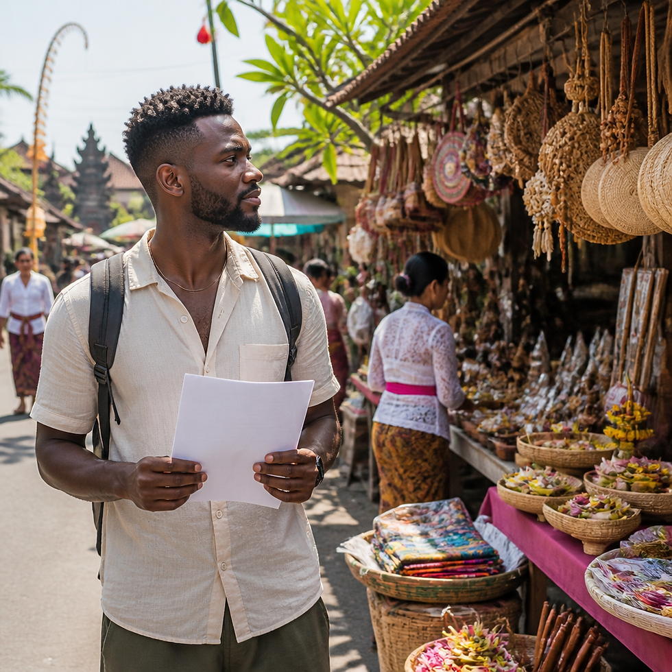 A Black expat exploring a local market in Bali while managing visa paperwork.