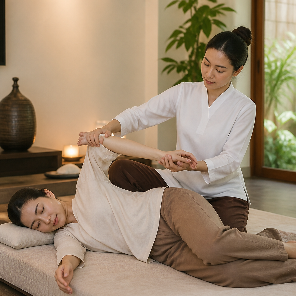 Therapist performing a Thai massage stretch on a clothed client in a bright Bangkok spa room.