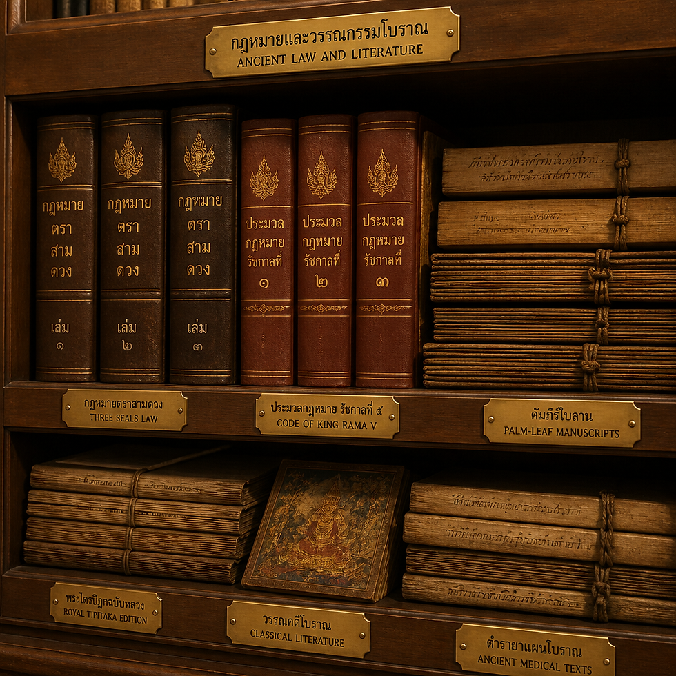 Historical Thai library archive with leather-bound manuscripts and legal documents