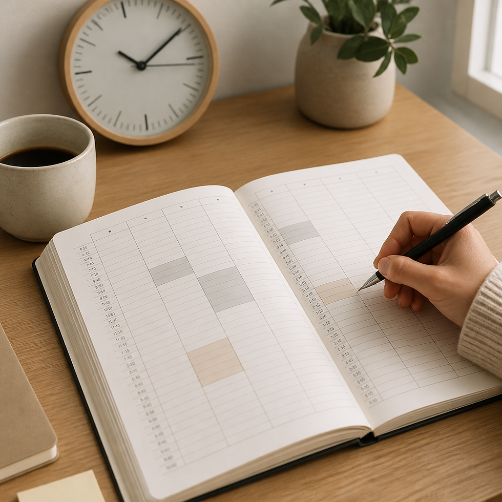 Hand writing 15-minute time blocks in a weekly planner on a wooden desk, illustrating Pimpin Ken time management.