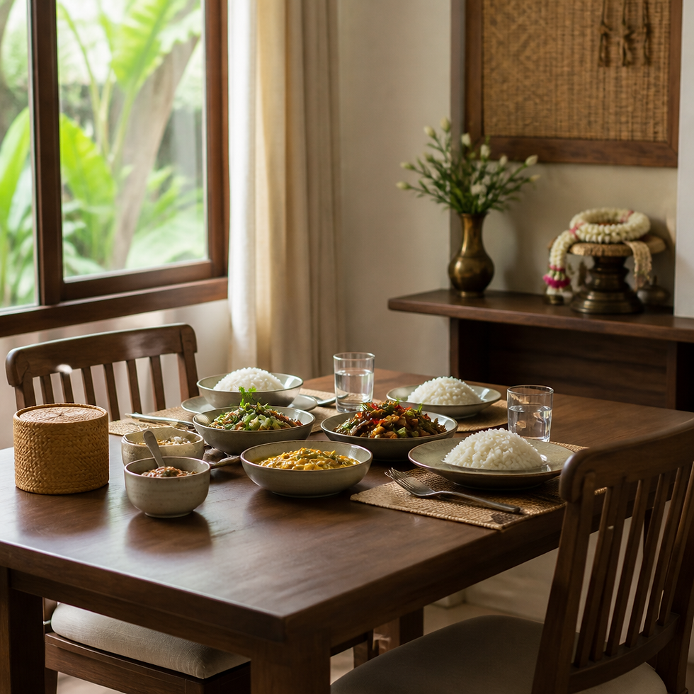 Wooden family dining table with Thai dishes and jasmine garlands, reflecting family influence in Thai dating