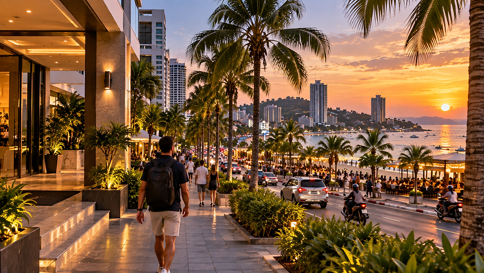 Traveler walking from a South Pattaya hotel toward Walking Street and Pattaya Beach