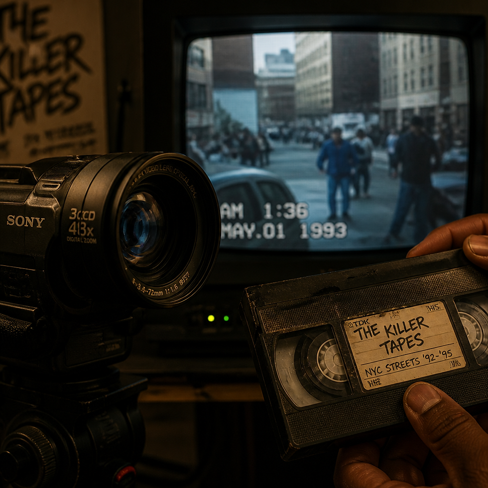Close-up of camcorder lens and vintage VHS tape representing raw street footage documentation