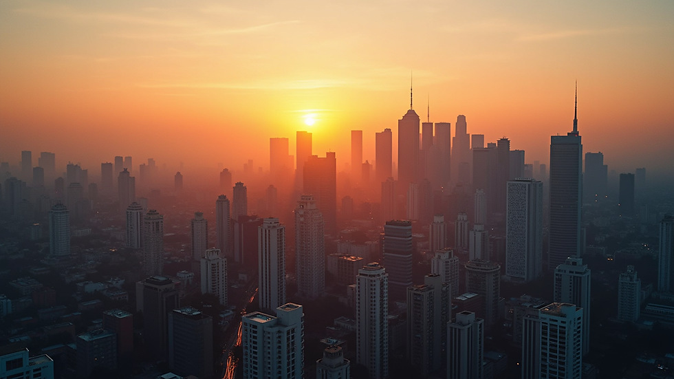 High angle view of a city skyline at sunset with urban buildings