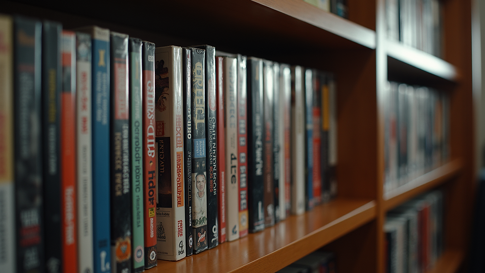 Eye-level view of a DVD collection shelf filled with hip hop documentaries