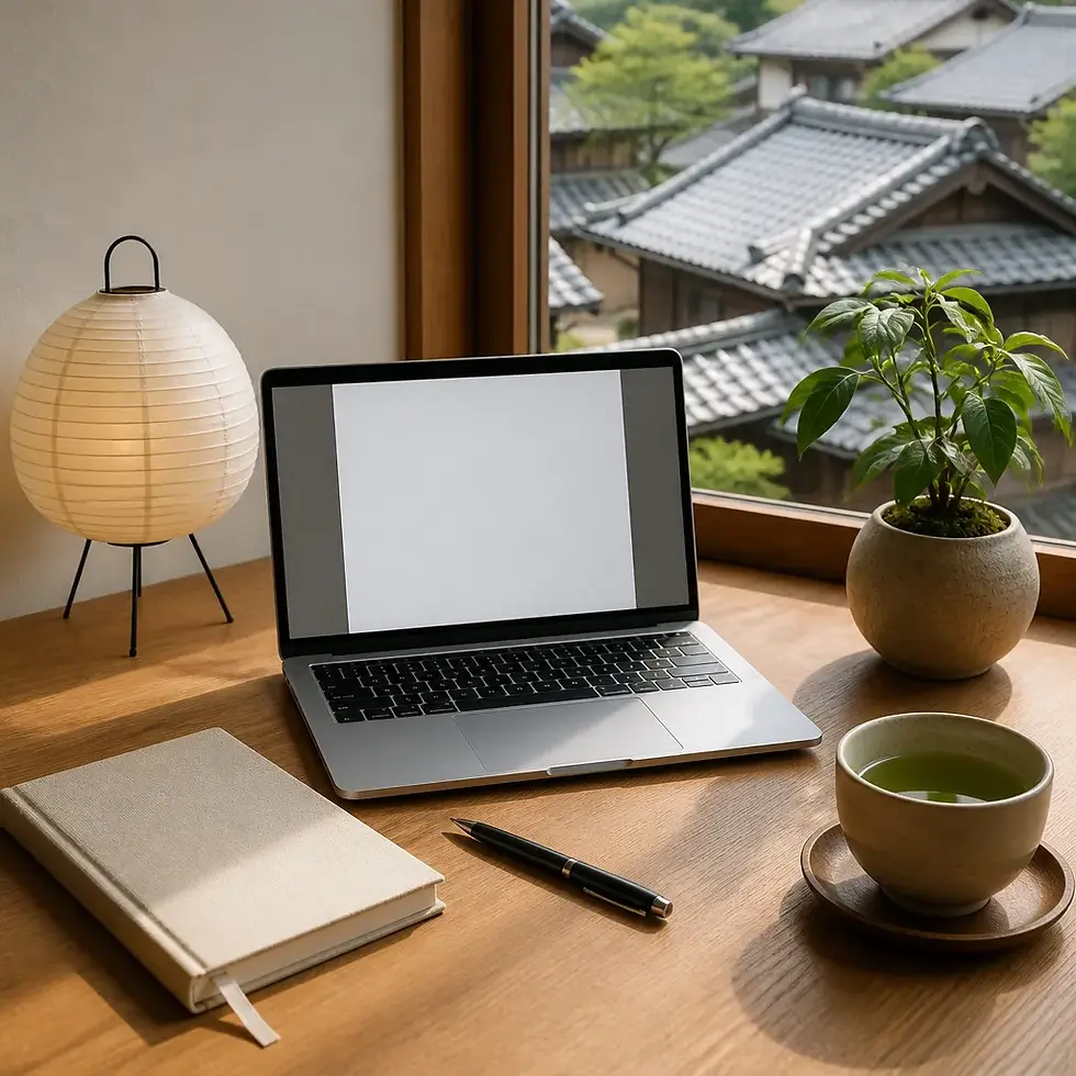 Desk setup with laptop, notebook and tea beside a window overlooking Japanese rooftops