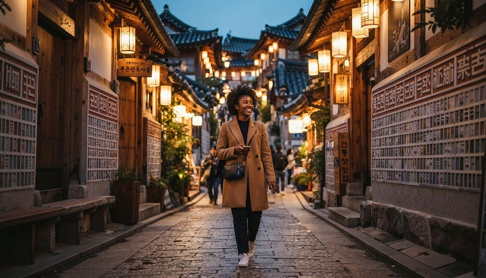 Black woman traveler smiling on a lantern-lit street in Bukchon Hanok Village, Seoul