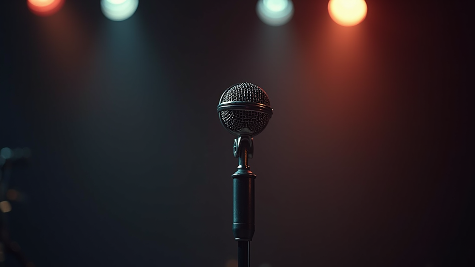 Close-up view of a vintage microphone on a stage with dim lighting