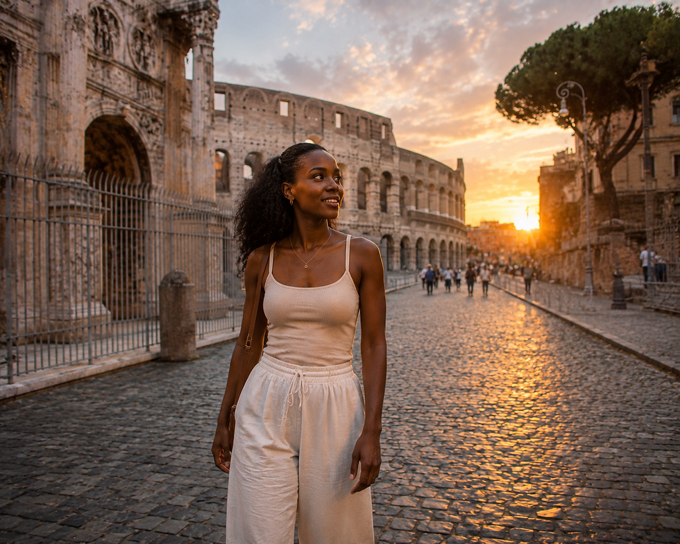 A stylish Black woman traveler walks through the historic streets of Rome, Italy, surrounded by iconic landmarks, ancient architecture, and cobblestone roads. Warm evening light bathes the city in a golden glow, capturing the timeless beauty and vibrant atmosphere of Italy’s historic capital.