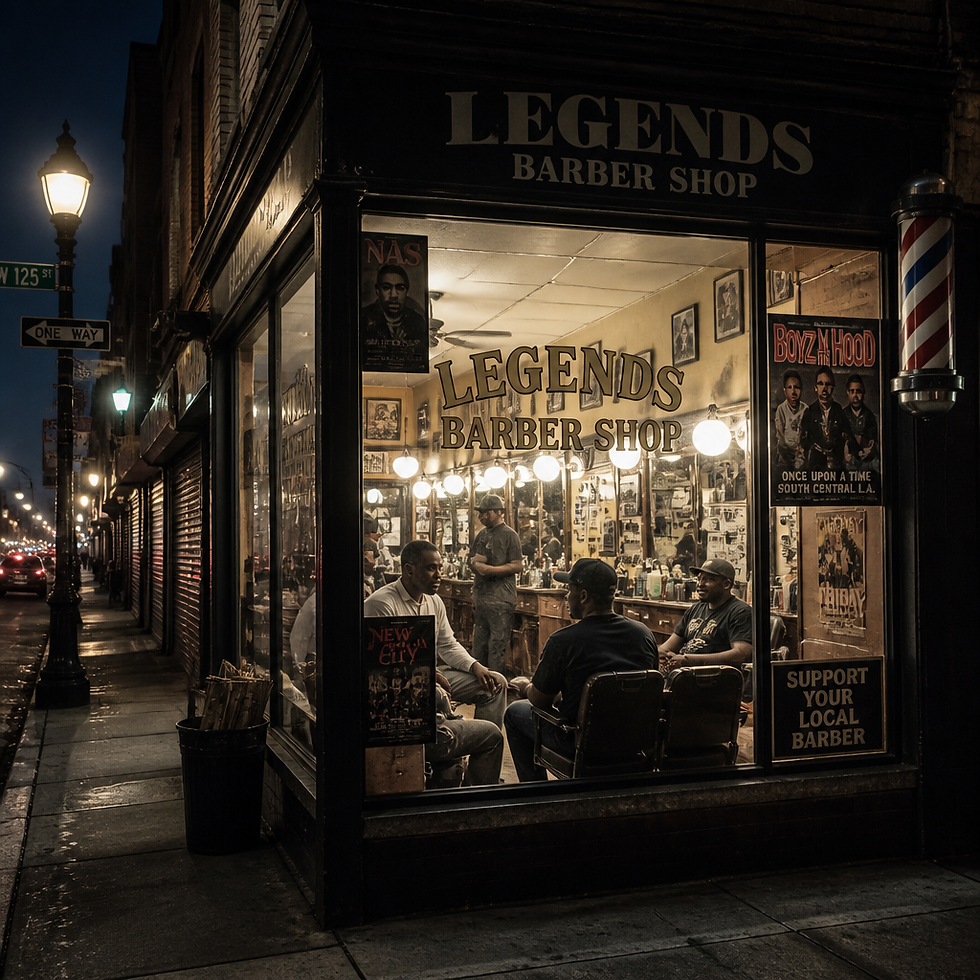 Corner barbershop storefront with warm interior lighting and community gathering space