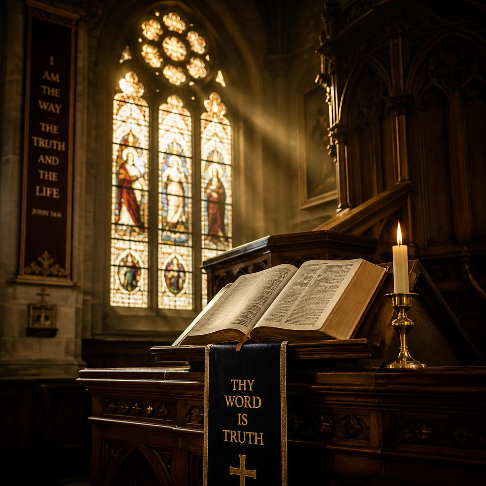 Atmospheric church interior with golden light and religious symbolism