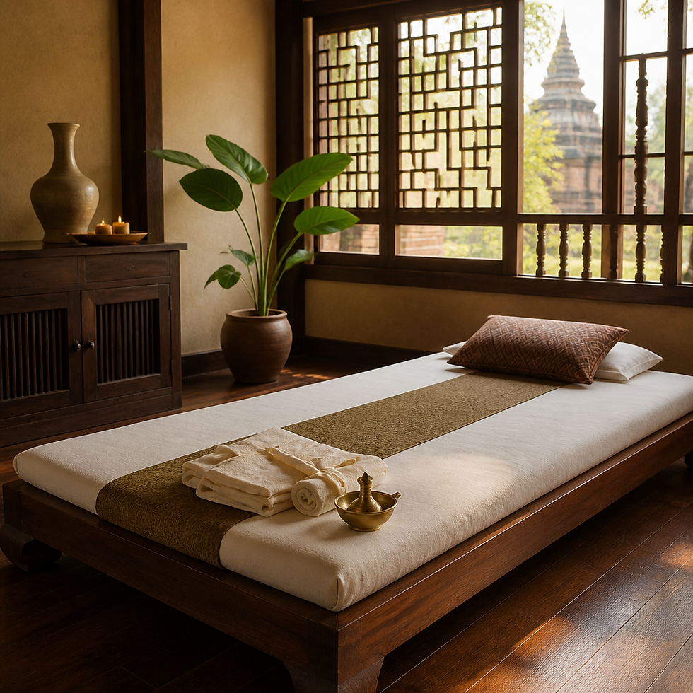 Traditional Thai massage room in Ayutthaya with a wooden mat, folded cotton wraps and soft window light.