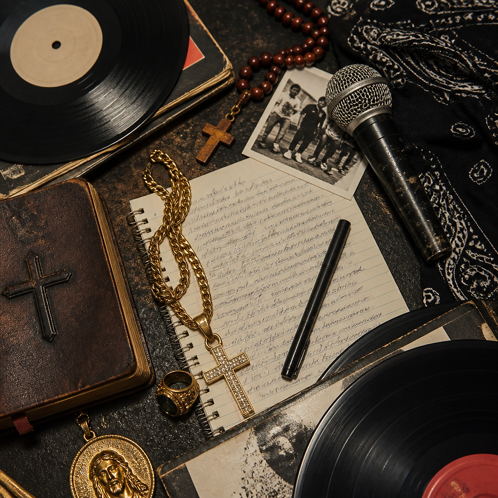 Hip-hop and spiritual cultural symbols arranged as a flat composition