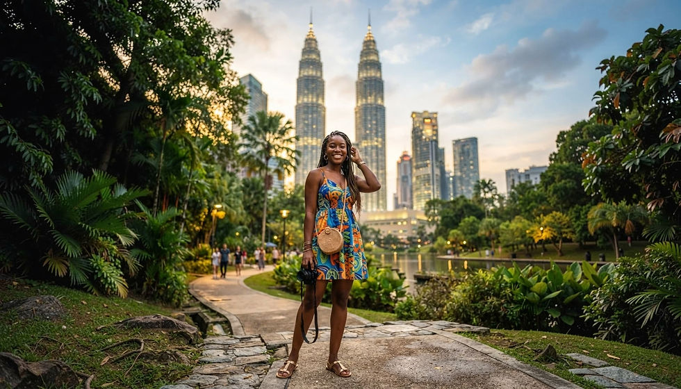 Black woman traveler smiling in KLCC Park with the Petronas Twin Towers behind her, Kuala Lumpur