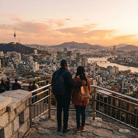 Two Black travelers looking out over the Seoul skyline from Namsan at sunset